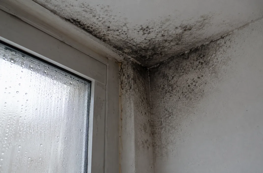 Moho en la esquina de una habitación con condensación en la ventana