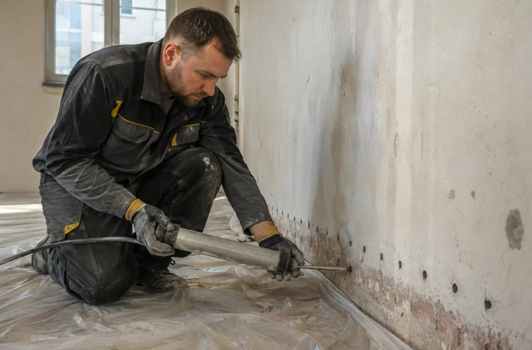 Inyección de resina en la base de un muro para crear una barrera contra la humedad